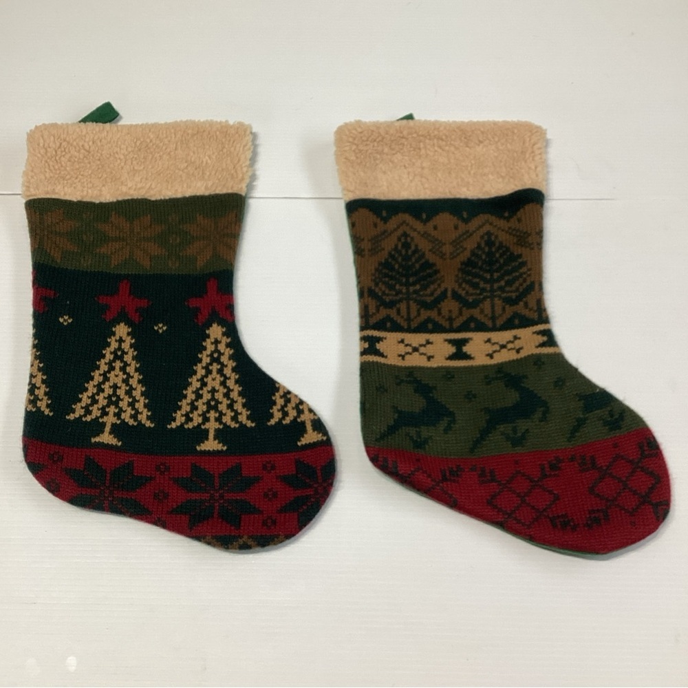 2 X Christmas Stocking Green Felt Back Hanging Loop 16 1/2” Trees Reindeer